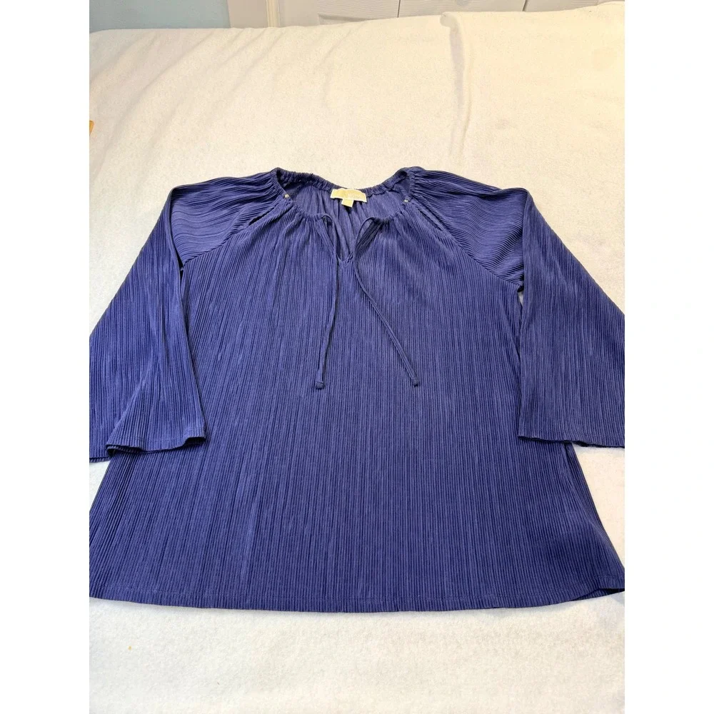 Michael Kors Navy Blue Pleated Bell Sleeve Tunic Blouse XL Keyhole Tie Top